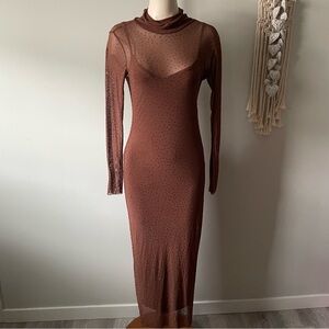 AFRM Shailene Rhinestone Turtleneck Dress Midi Embellished Mesh Brown Medium